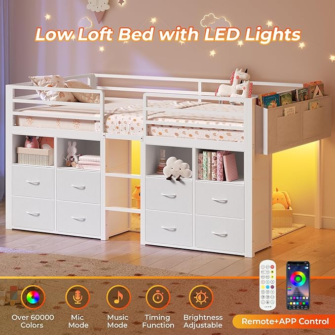 ADORNEVE Low Loft Bed Twin Size with 8 Storage Drawers, Twin Loft Bed with Bookcase and LED Lights, Metal Kids Loft Bed with 14" H Safety Guardrail, Under-Bed Play Space, No Box Spring Needed, White