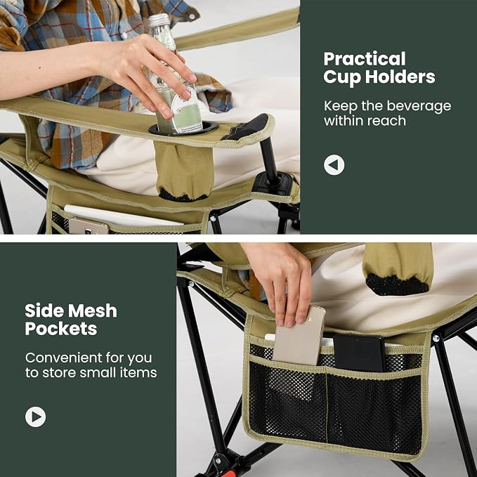 Tangkula Reclining Camping Chair, 2 in 1 Porable Folding Lawn Chair with Removable Footrest, 4-Position Adjustable Backrest, Cup Holder & Side Pocket, Carry Bag (2, Green)
