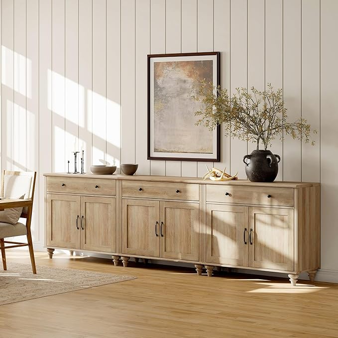 WAMAPT Oak Buffet Cabinet with 6 Doors and 3 Drawers, Large Coffee Bar Table Wood Kitchen Storage Cabinets, Modern Farmhouse Sideboard Credenza for Dining Room, 101 inch