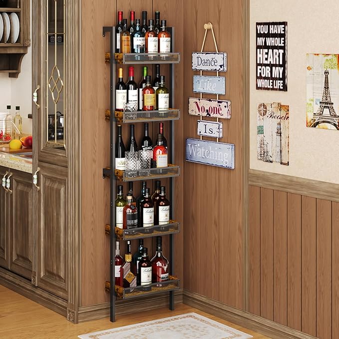 5-Tier Freestanding Wine Racks: 50 Bottles Wine Rack Shelf Wall Mounted with Fences, Wines Bottle Holder Display Shelf, Liquor Storage for Kitchen, Dining Room, Bar, Wood, 17.28''L x 7.95''W x 68.5''H