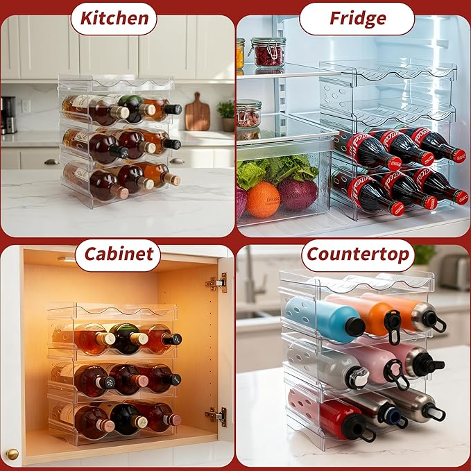 EZ COZY Wine Rack, 2 Tier Water Bottle Organizer for Cabinet, Stackable Clear Wine Holder for Pantry, Refrigerator, Countertop Organization (6 Bottles)