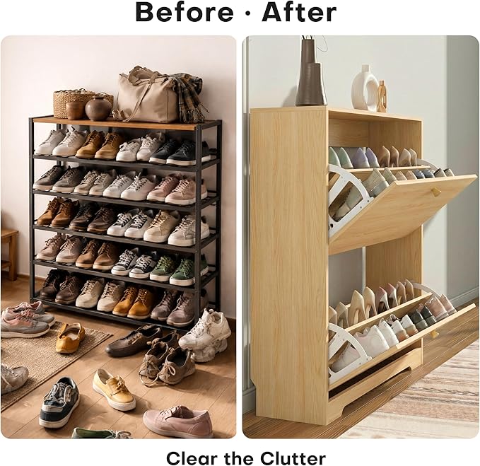 Nicetree Shoe Cabinet with 2 Flip Drawers, Narrow Shoe Organizer Cabinet, Freestanding Shoe Rack Cabinet, Modern Shoe Storage Cabinet for Entryway, Hallway, Foyer Natural Oak with Hook