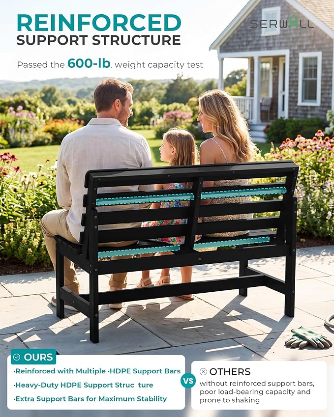 SERWALL Outdoor Bench, All Weather HDPE Outdoor Benches, 2-Person Armless Porch Bench with 600 lbs Weight Capacity, Patio Benches for Outdoors, Porch, Park and Dining, Black, 2 Pack