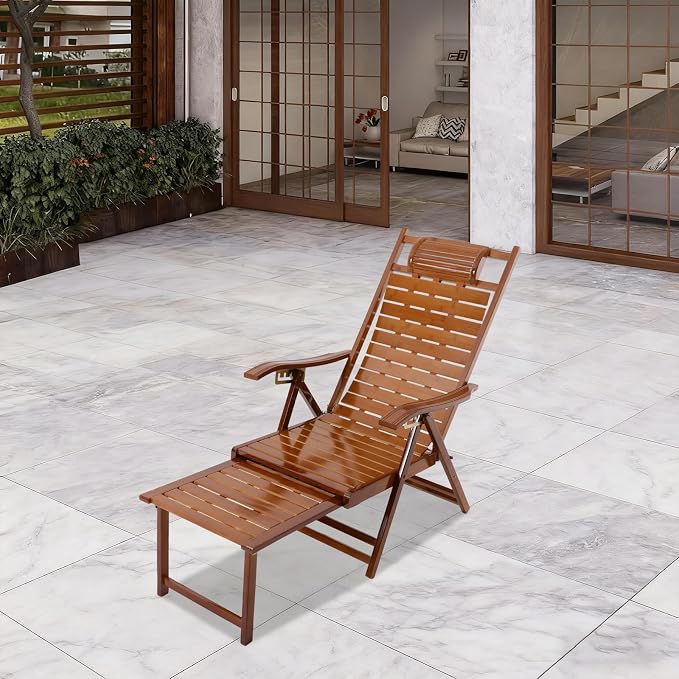 Bamboo Folding Lounge Chair with Footrest & 5-Position Adjustable Backrest, 440lbs Capacity Indoor Outdoor Recliner for Patio, Garden, Balcony, Camping