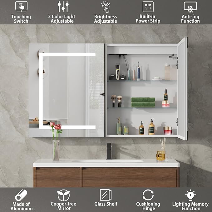 DEYGIA LED Medicine Cabinet with Mirror for Bathroom, Assembly-Free Lighted Medicine Cabinet, Defog, Stepless Dimming, 3 Colors, 2 Outlets, 2USB, Aluminum Wall Mounted Mirrored Cabinets, 36”Wx24“H