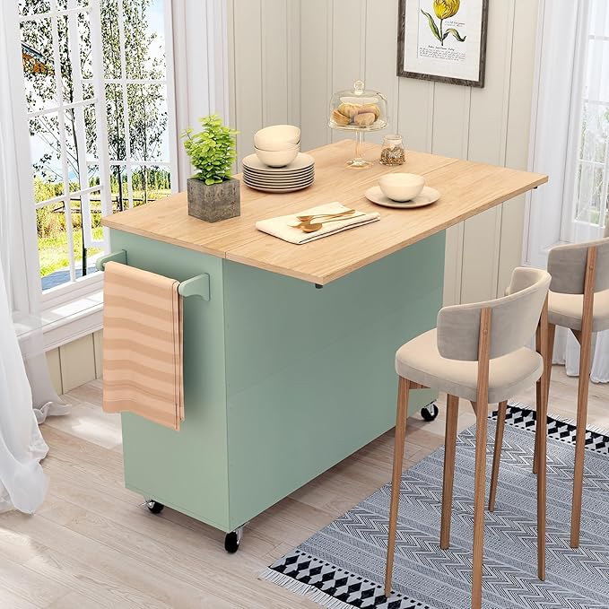 HLR Kitchen Island with Storage, Sage Green Rolling Kitchen Cart on Wheels with Drop-Leaf Bar Countertop, Islands Prep Table with Side Open Spice Rack and Tower Rack, Extra Storage for Kitchen