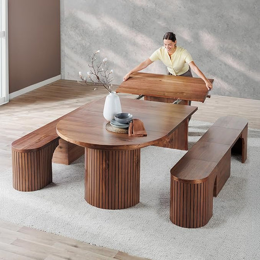 Transformer Table - Solid Wood Extendable Round Dining Table Set, Expandable Dining Table, Elegant and Functional Design, Perfect for Dining Room, Royal Brown (Table + 2 Benches)