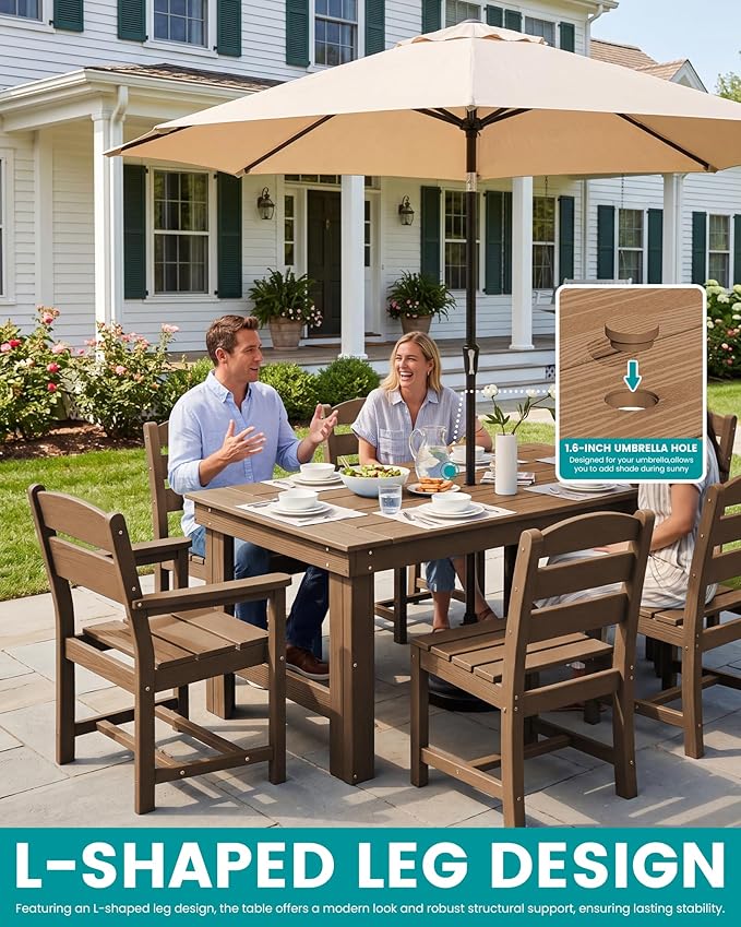 SERWALL Outdoor Dining Table Set, 67‘’ HDPE Patio Dining Set for 4, All-Weather Outdoor Table and Armless Chairs Set for Deck, Brown