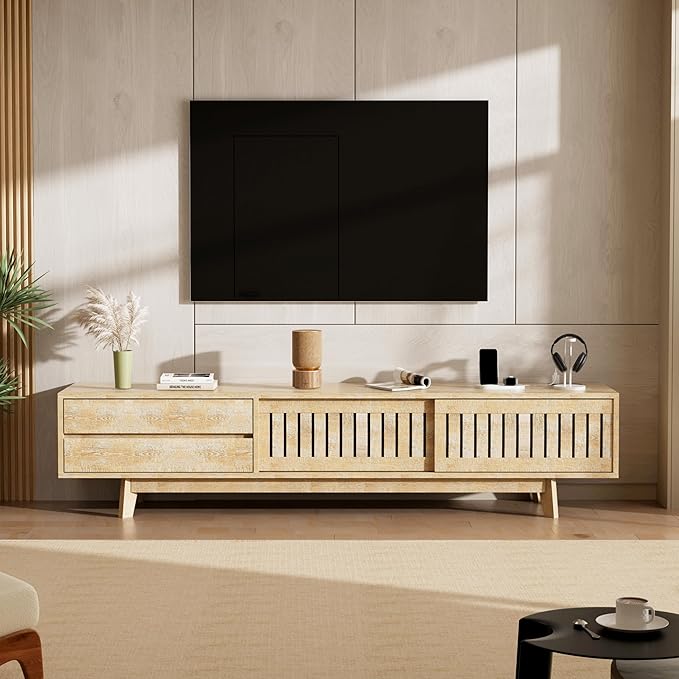 TV Stand for up to 85 Inch TVs, 78.7" Entertainment Center with Storage & Power Outlet, Mid Century Modern Media Console w Drawers and Sliding Door, Television Stands for Living Room, Natural