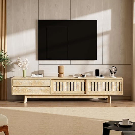 TV Stand for up to 85 Inch TVs, 78.7" Entertainment Center with Storage & Power Outlet, Mid Century Modern Media Console w Drawers and Sliding Door, Television Stands for Living Room, Natural