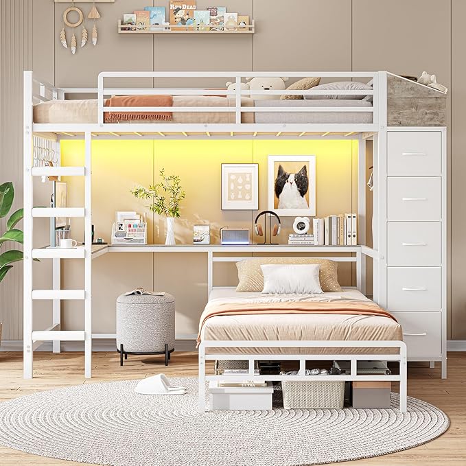 VIAGDO Bunk Bed Twin Over Twin with Hall Tree, Charging Station and LED Lights, L-Shaped Bunk Bed with Desk, 5 Storage Drawers, Twin Bunk Beds with Guardrail & Stairs, No Box Spring Needed, White