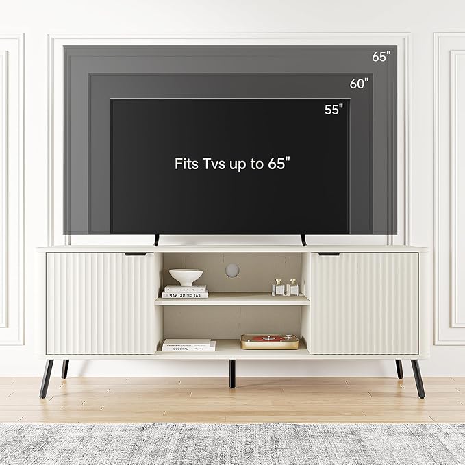 Fatmok TV Stand, 58" Modern Media TV Console Table with Storage for 55/60/65 inch TV, Mid Century Entertainment Center with Fluted Door Cabinets and Open Shelves TV Cabinet for Living Room, Bedroom