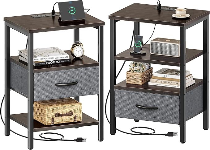 SUPERJARE Nightstand Set of 2, Bed Side Tables with Charging Station, Adjustable Fabric Drawer, Night Stand for Bedroom, 3-Tier Storage End Tables, Walnut