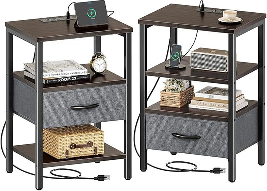 SUPERJARE Nightstand Set of 2, Bed Side Tables with Charging Station, Adjustable Fabric Drawer, Night Stand for Bedroom, 3-Tier Storage End Tables, Walnut