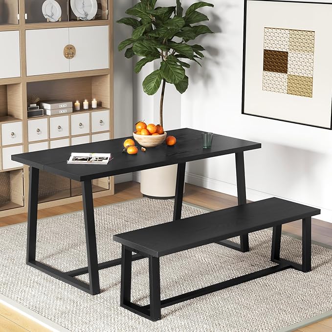 Giantex 56.5" L Wood Dining Bench, Industrial Table Bench w Metal Frame, Adjustable Footpads, 440LBS Load Capacity, Farmhouse Bench for Kitchen, Dining, Living Room, Entryway (Black, Rectangular)