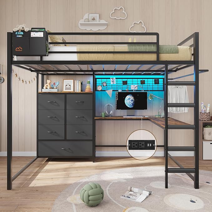 DICTAC Full Loft Bed with L-Shaped Desk and 7 Storage Drawers,Metal Full Size Loft Bed for Teen with LED Lights and Charging Station,13.11" H Safety Guardrail and Ladder,No Box Spring Needed, Black