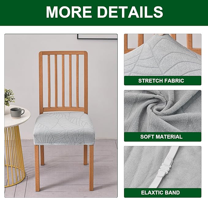 CRFATOP Waterproof Dining Room Chairs Seat Covers Set of 4 with Stretch Bench Slipcover Jacquard Kitchen Chair Slipcover Washable Seat Cushion Slipcover for Hotel Banquet Wedding Party, Light Grey