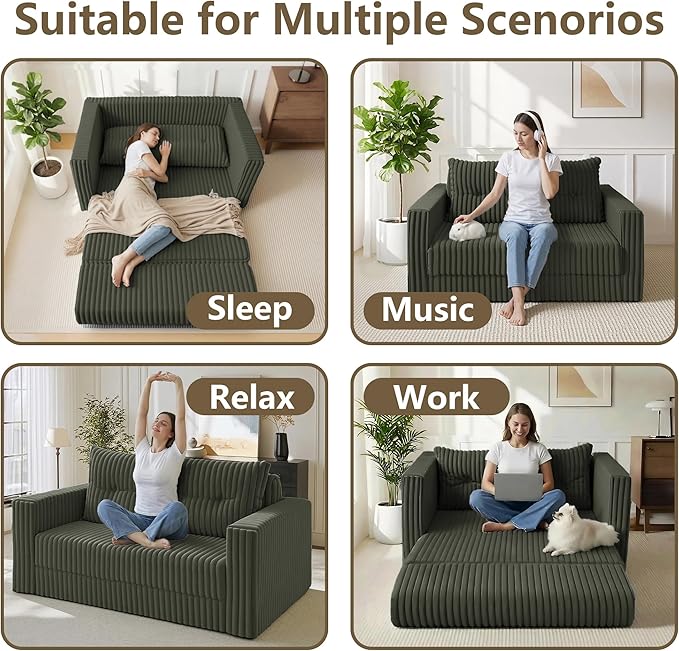HABUTWAY 41.3" Loveseat Boneless Couch, 4-in-1 Convertible Sofa Bed, Plush Fur Folding Futon Sofa Bed Couches with a Pillow for Living Room, High-Density Foam Support, No Assembly Required, Green