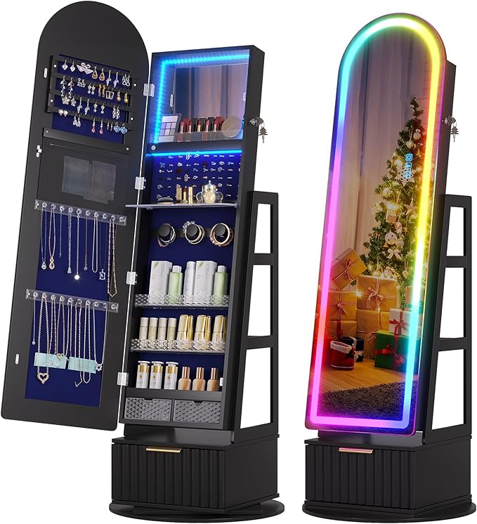 Dystler Arched Jewelry Cabinet with RGB Full-Length Mirror, 360° Swivel Standing Jewelry Armoire with Shelves & Drawer, Lockable Jewelry Organizers and Storage with Remote Control, Black