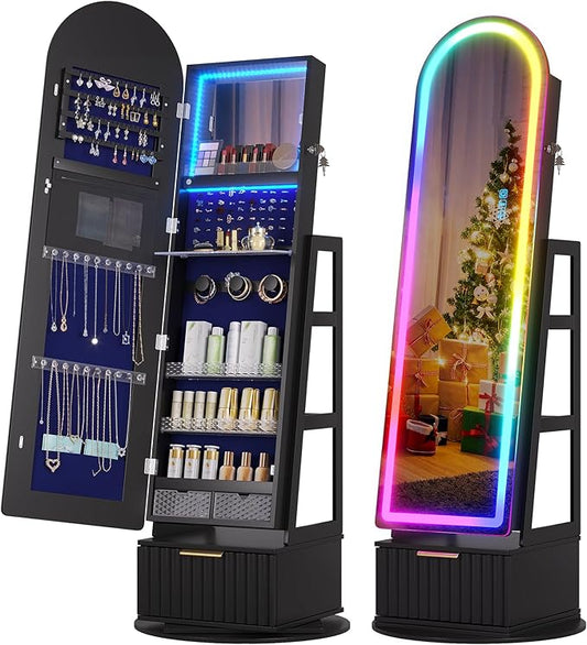 Dystler Arched Jewelry Cabinet with RGB Full-Length Mirror, 360° Swivel Standing Jewelry Armoire with Shelves & Drawer, Lockable Jewelry Organizers and Storage with Remote Control, Black