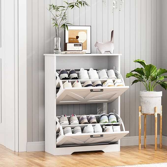Homleke Farmhouse Shoe Cabinet for Entryway with 2 Barn-Style Flip Drawers, Narrow Shoe Storage Organizer with Top Display Shelf, Adjustable Shelves, Shoe Rack for Hallway, Closet- (White, 24" Wide)