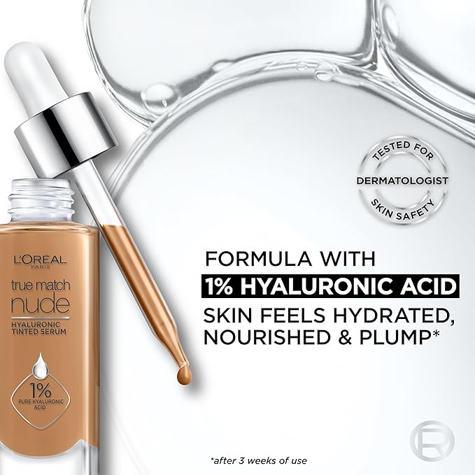 L'Oreal Paris True Match Nude Hyaluronic Tinted Serum Foundation with 1% Hyaluronic acid, Deep 8-10, 1 fl. oz.