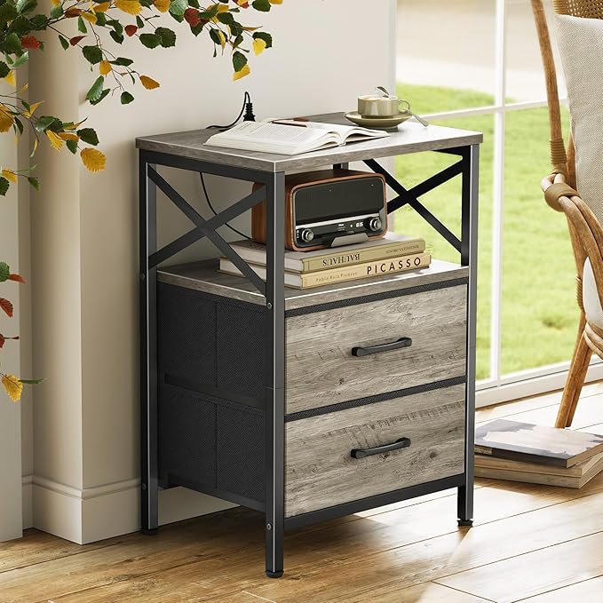 Huuger Nightstands Set of 2, Night Stand with Charger Station, 2 Drawer Side Table with Open Shelf, USB-C Port, End Table for Small Spaces, X Shaped Side Rail, Oak