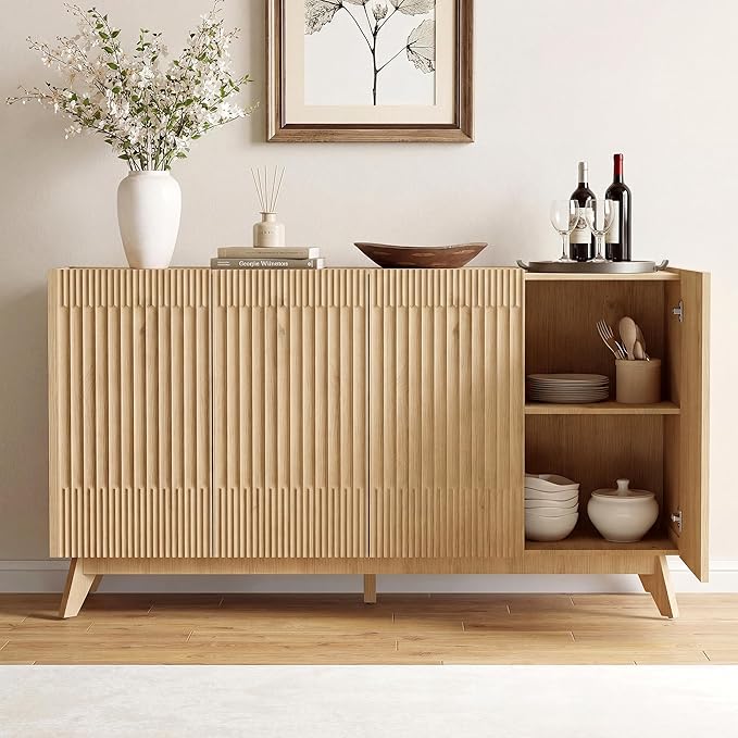 Fatmok 65" Large Sideboard Buffet Cabinet with Storage, Set of 2 Modern Fluted Credenza Buffet Tables with Doors & Adjustable Shelves for Living Room, Kitchen, or Dining Room, Natural Oak