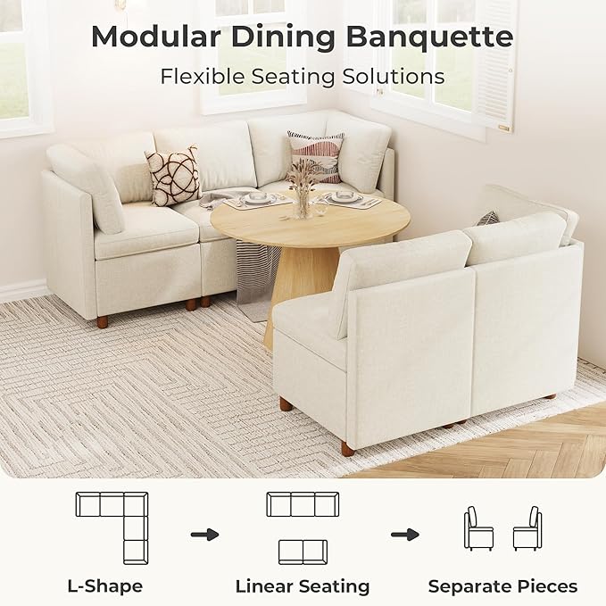 SITJOY Breakfast Nook Bench with Storage, Modular Corner Kitchen Banquette Seating, Dining Settee Couch, Upholstered Dining Bench with Back, Soft-to-Touch Fabric in Beige, 5-Seat L Shaped Booth