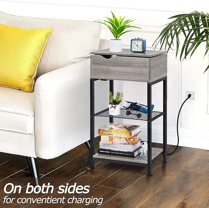 End Table with Charging Station, Bedside Table Nightstand Narrow Sliding Top Side Table with Storage Shelf with USB Ports & Power Outlets for Small Spaces Living Room, Bedroom, Office, Sliver
