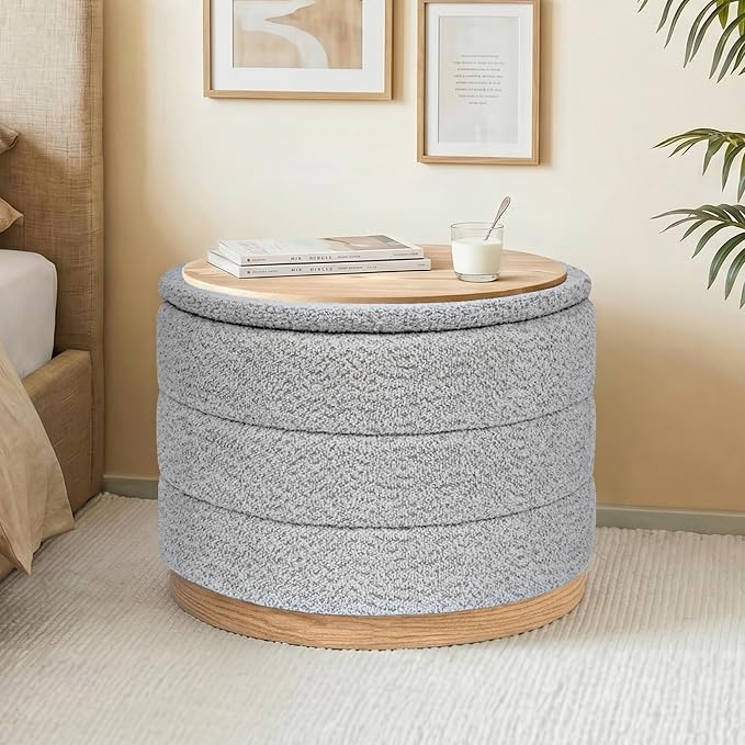 Round Storage Ottoman with Tray Lid, Folding Chenille Fabric Footrest with Hidden Storage, 22.8" Large Footstool Side Table for Dorm Living Room Bedroom, Wood Grain Base, Sliver Grey
