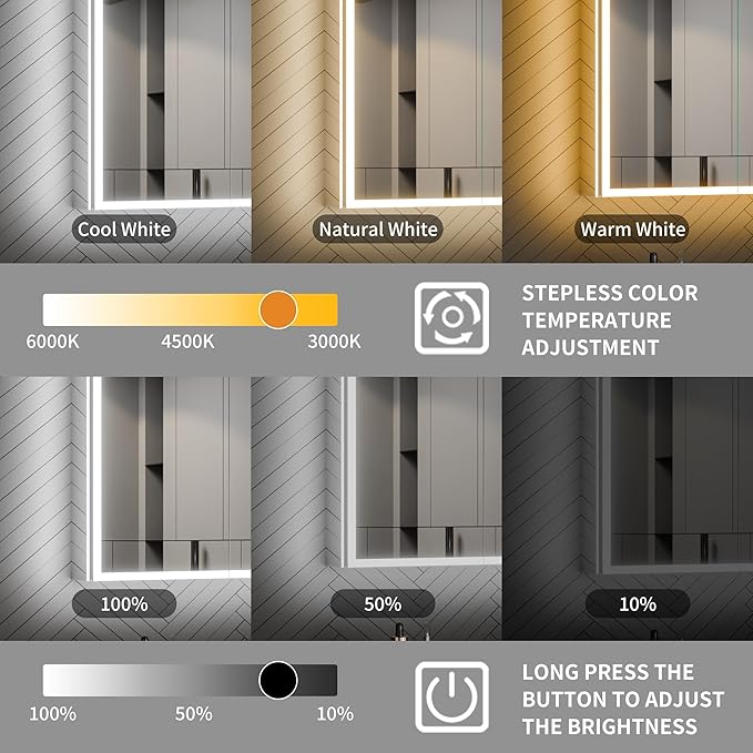 ExBrite 24 x 32 Lighted Medicine Cabinet with Mirror, Front&Backlit led Medicine Cabinet,Defog,5X Magnifier,3 Colors Temper Dimmable,Surface or Recessed Mount,Hinge on the Left