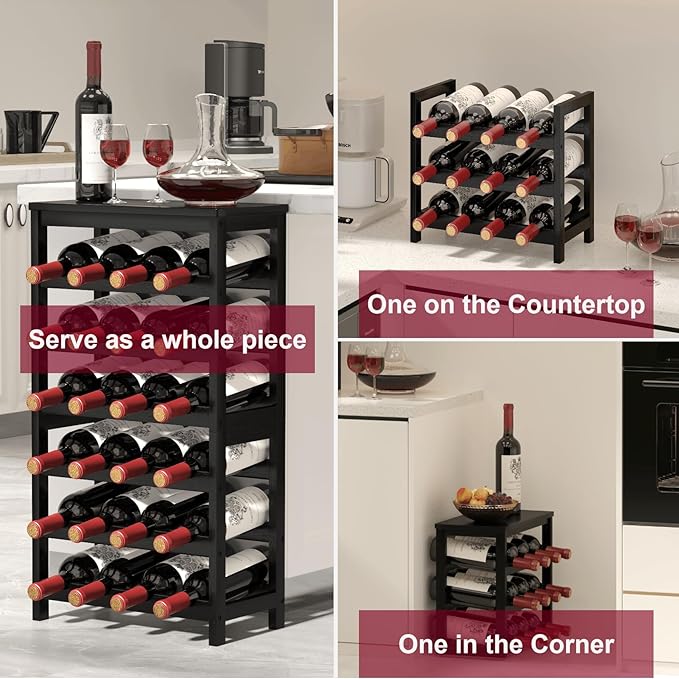 MOGELAFOO 6 Tier Bamboo Wine Rack Freestanding Floor, 24 Bottles Wine Storage Shelves with Table Top, Stackable Wine Display Rack for Kitchen, Bar, Dining Room, Black