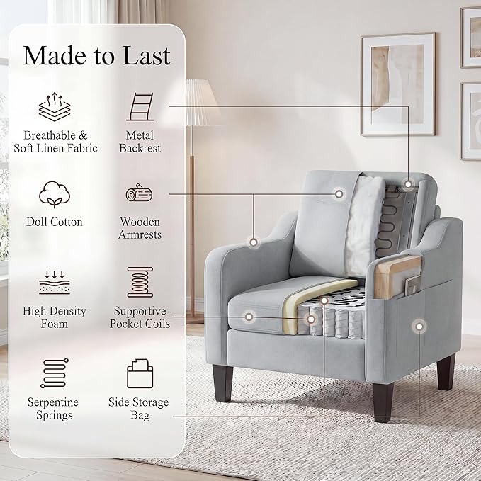 Accent Chairs Set of 2 for Living Room, Mid-Century Upholstered Armchair with Foldable Table & 2 Side Pockets, Modern Linen Wooden Sofa Chair for Bedroom & Reading Room, Light Grey