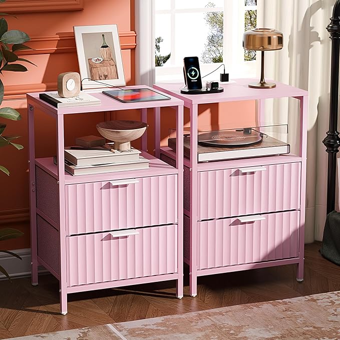 VINGLI Night Stand Set 2 with Fabric Drawers, Pink Nightstands with Charging Station, Fluted Nightstand Pink Bedside Table/Side Table for Bedroom, Night Stand Small with Charging Station for Kids Room