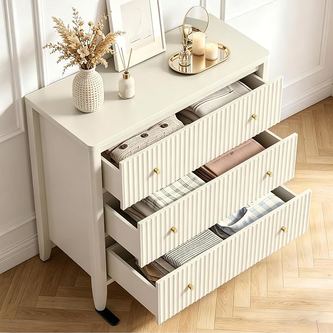 Fatmok Fluted 3 Drawer Dresser for Bedroom Set of 2, 34" Wide Chest of Drawers, Modern Wood Nightstand End Table with Metal Handles, Striped Storage Cabinet for Living Room, Hallway, Alabaster White