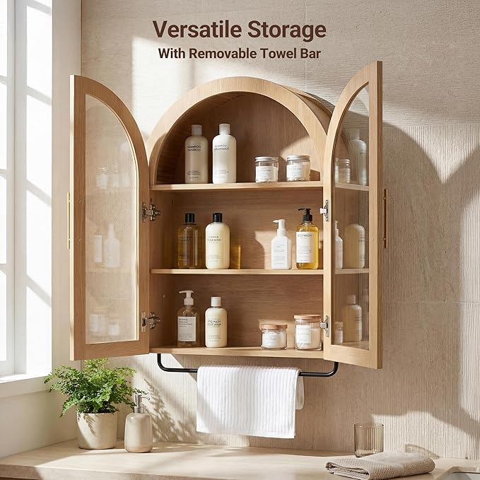 Seang Bathroom Arched Wall Cabinet,23.6" Modern Medicine Cabinet with Towel Bar and Adjustable Shelf,Over The Toilet Wall Storage Cabinet for Laundry Room,Living Room,Kitchen,Natural