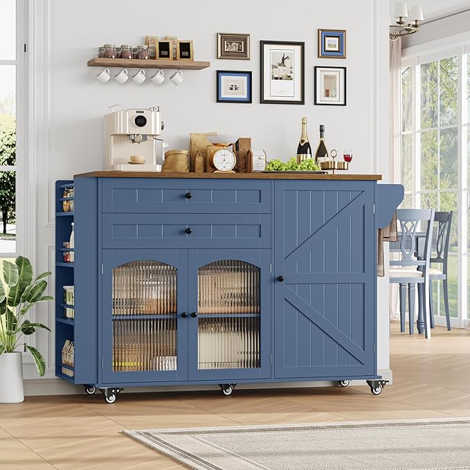 FINETONES Kitchen Island with Storage, Rolling Kitchen Island on Wheels with Wood Drop Leaf Countertop, Island Table Bar Cart with Spice Towel Rack Portable Kitchen Table Kitchen Carts on Wheels, Blue