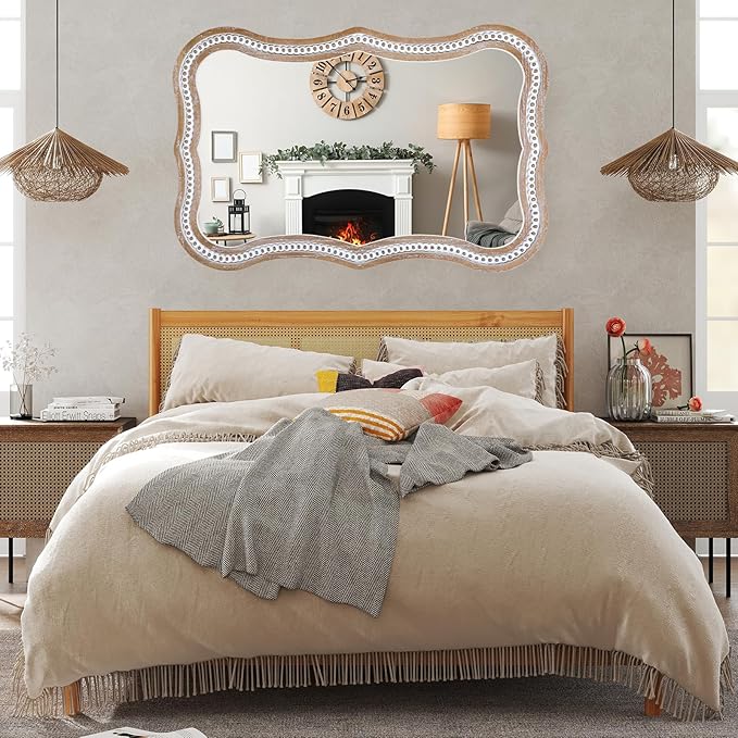 35x24 Inch Wavy Wooden Frame Mirror for Bathroom Over Sink, Rustic Farmhouse Decorative Mirrors for Wall, Entryway, Living Room, Bedroom (Vertical/Horizontal)