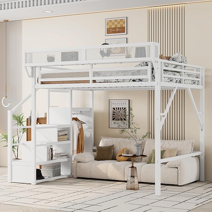 KEIKI Queen Size Metal Loft Bed Frame with Convertible Staircase, Built-in Storage Shelves and Wardrobe, Loft Bed with Solid Slats, Guardrail, No Box Spring Required, Easy Assembly, for Bedroom, White