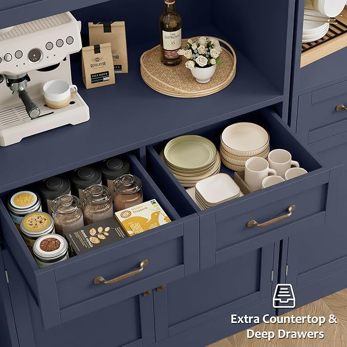 HOSTACK 71“ Tall Kitchen Pantry Storage Cabinet, Modern Kitchen Hutch Bar Cabinet with Microwave Stand, Wood Buffet Sideboard with Hutch, Cupboard with Drawers, Shelves for Dining Room, Blue