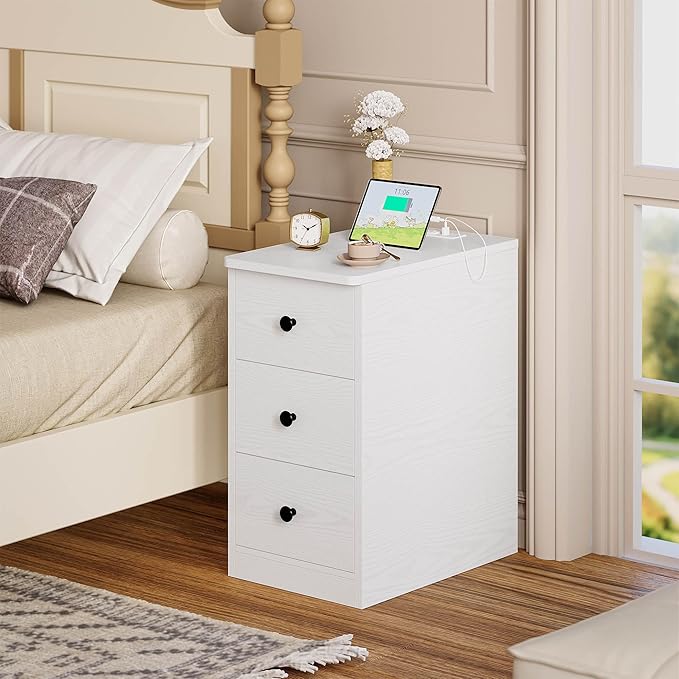 LIKIMIO Nightstand with Charging Station, Narrow Bedside Table with 3 Drawers, End Table with USB Ports and Outlets, Side Table for Living Room/Bedroom Modern