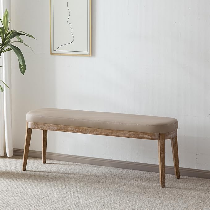 Christopher Knight Home Ella Mid-Century Faux Leather Upholstered Dining Bench, End of Bed Footrest, Entryway/Hallway Seating, Indoor Ottoman Bench with Padded Seat and Solid Wood Leg, Beige+Natural