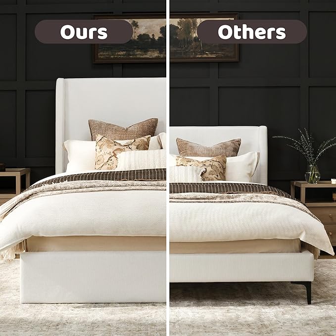 RECCI King Size Bed Frame with 53" Extra Tall Wingback Headboard, Luxury Upholstered Platform Bed Frame, Heavy Duty Support, Noise-Free, Easy Assembly, No Box Spring Needed, Ivory White Canvas
