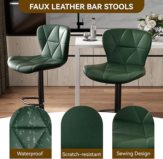 Nalupatio Modern Bar Stools Set of 4, Adjustable Faux Leather Upholstered Swivel Bar Stools, Counter Bar Chairs with Back for Kitchen Island, Green