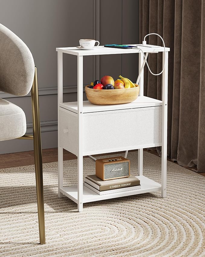 TUTOTAK Small Narrow End Table with Charging Station, Set of 2, Side Table with Outlets, Nightstand with Cloth Drawer, Couch Table, for Living Room, Bedroom, Bedside, White TB01BW058