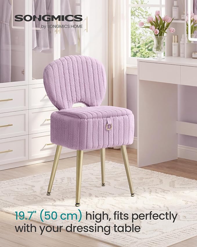 SONGMICS Small Vanity Chair with Storage and Folding Back, Vanity Stool, Footrest Footstool Ottoman, Dressing Table Stool, Furry Padded Seat, for Makeup Room, Bedroom, Light Lilac ULOM532PE01