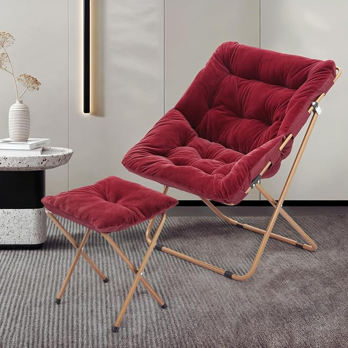 MoNiBloom Square Folding Faux Fur Saucer Chair for Bedroom Living Room Dorm Foldable Metal Frame Oversized Large Comfy Furry Padded Soft Cozy Moon Chair with Footrest Ottoman for Adults (Burgundy)