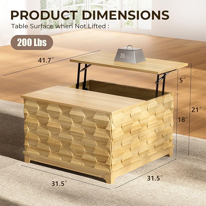 BROTTAR Lift Top Coffee Table, 31.5'' Square Coffee Table with with Storage, Farmhouse Coffee Tables with Hidden Storage, Center Table with Embossed Texture for Living Room, Home Office, Natural