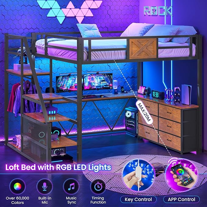 Itaar Full Size Loft Bed with Desk and Storage Stairs, Metal Loft Bed with 6 Storage Drawers, Hall Tree, LED Lights and Power Outlet, for Kids, Teens, Adults, Rustic Brown